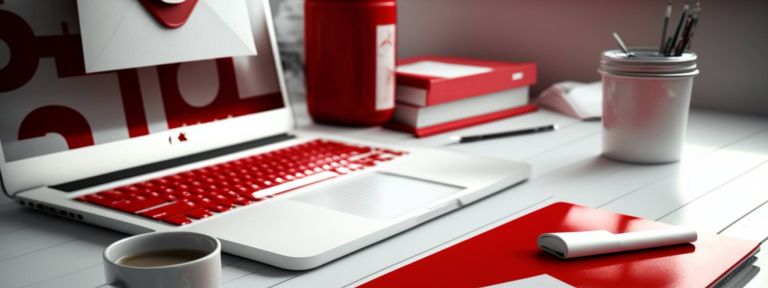 Schreibtisch mit Laptop, Brief erscheint auf Laptop, E-Mail-Marketing