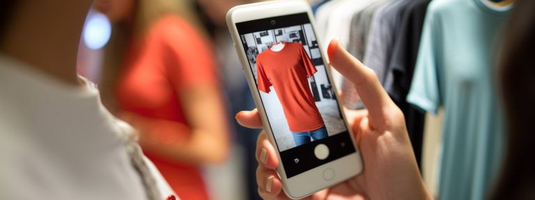 Person mit Smartphone beim online-shopping in Modegeschäft. Omnichannel mit deinem Geschäft